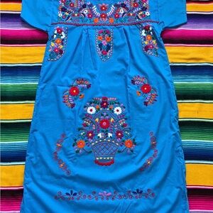 Handmade Embroidered Mexican Dress in Bright Blue Floral Frida Kahlo